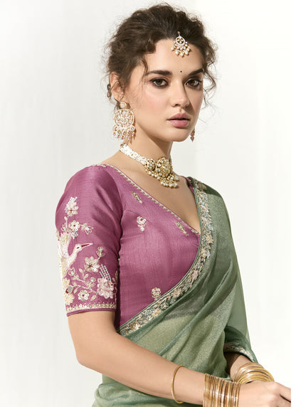 Pista Glass Tissue Silk Sequence Party Wear Saree