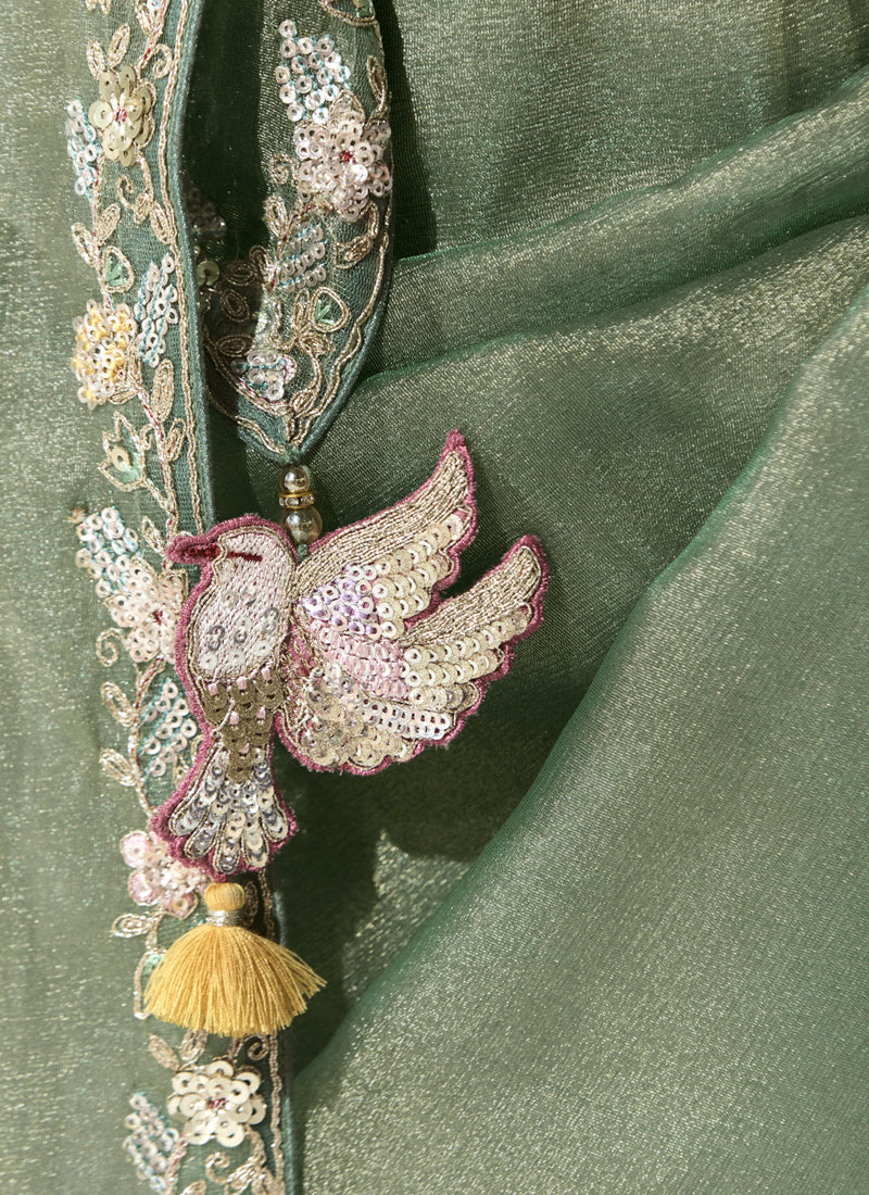 Pista Glass Tissue Silk Sequence Party Wear Saree