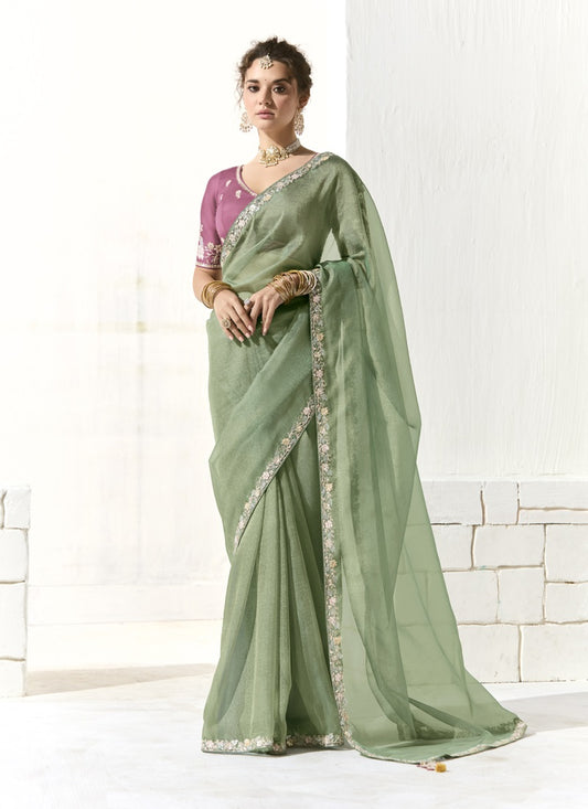 Pista Glass Tissue Silk Sequence Party Wear Saree