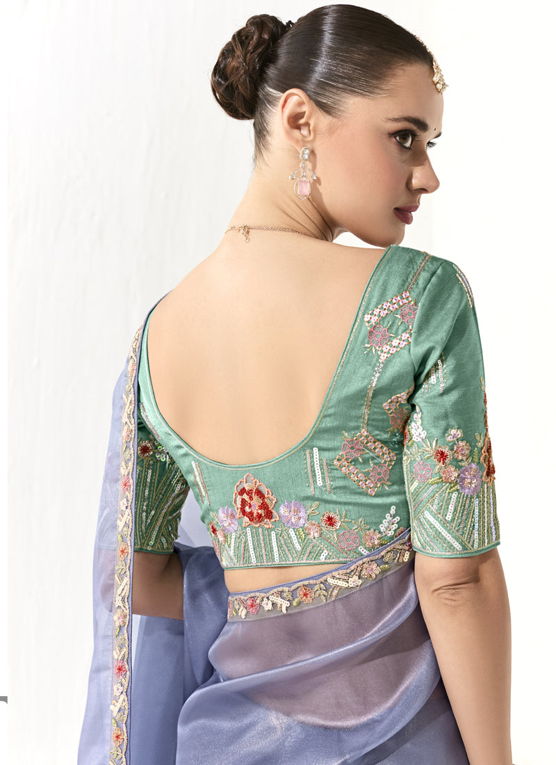 Light Blue Glass Tissue Silk Sequence Party Wear Saree