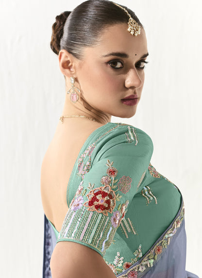 Light Blue Glass Tissue Silk Sequence Party Wear Saree