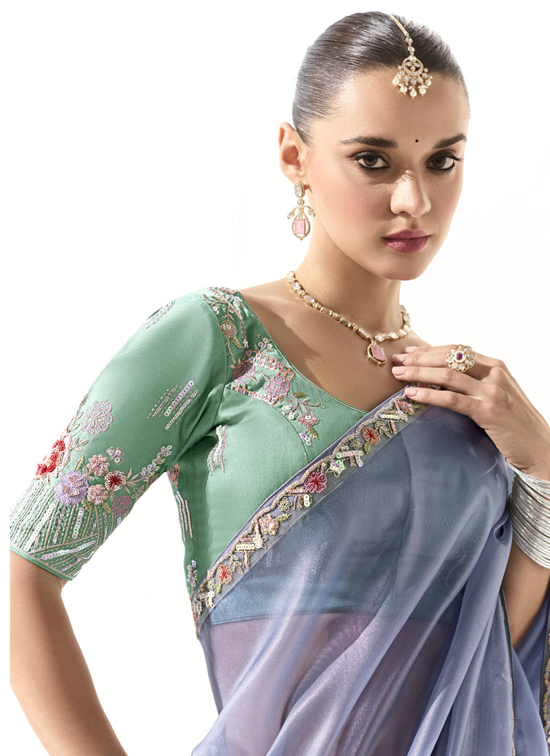 Light Blue Glass Tissue Silk Sequence Party Wear Saree