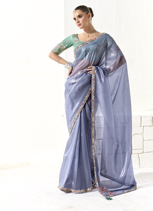 Light Blue Glass Tissue Silk Sequence Party Wear Saree