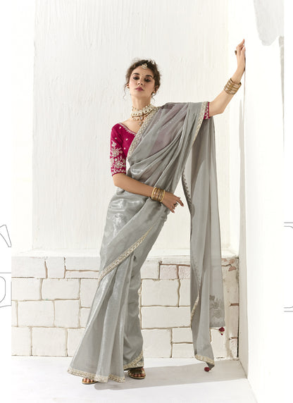 Gray Glass Tissue Silk Sequence Party Wear Saree