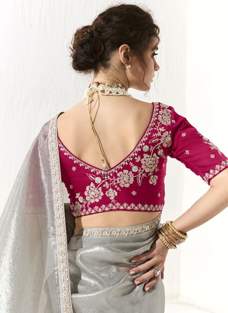 Gray Glass Tissue Silk Sequence Party Wear Saree