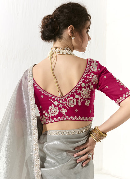 Gray Glass Tissue Silk Sequence Party Wear Saree