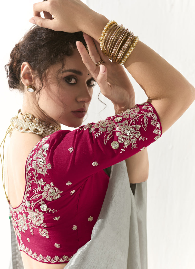 Gray Glass Tissue Silk Sequence Party Wear Saree