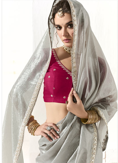 Gray Glass Tissue Silk Sequence Party Wear Saree
