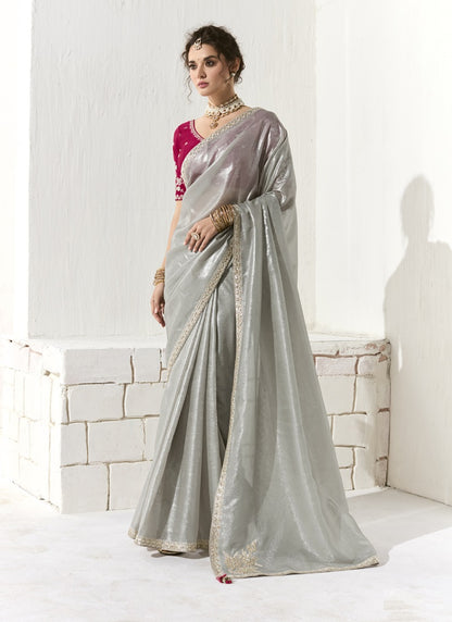 Gray Glass Tissue Silk Sequence Party Wear Saree