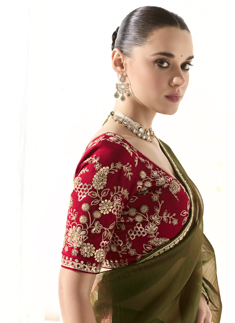 Mehndi Glass Tissue Silk Sequence Party Wear Saree