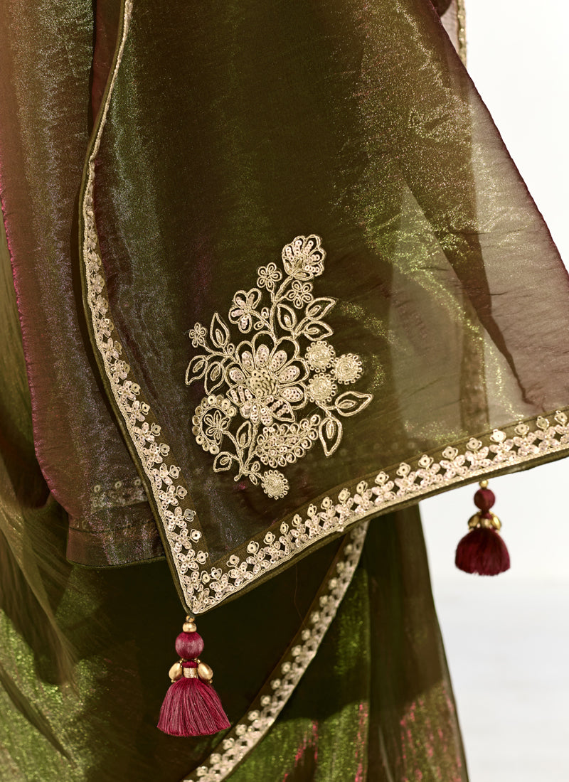 Mehndi Glass Tissue Silk Sequence Party Wear Saree