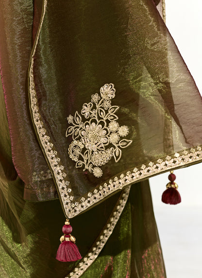 Mehndi Glass Tissue Silk Sequence Party Wear Saree