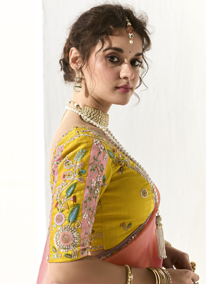 Shaded Peach & Mauve Glass Tissue Silk Heavy Designer Blouse Party Wear Saree