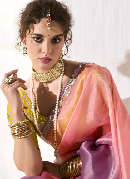 Shaded Peach & Mauve Glass Tissue Silk Heavy Designer Blouse Party Wear Saree