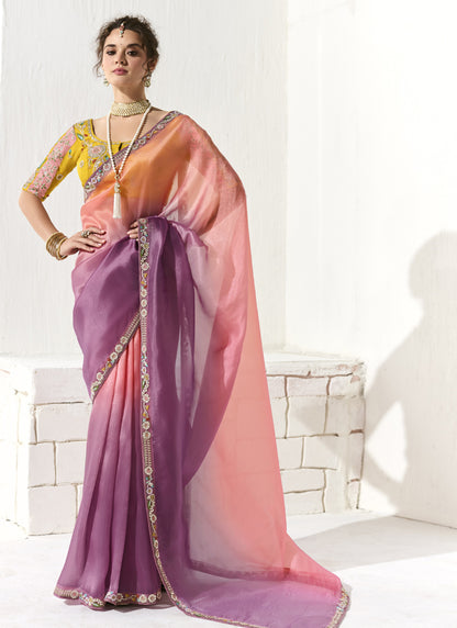Shaded Peach & Mauve Glass Tissue Silk Heavy Designer Blouse Party Wear Saree