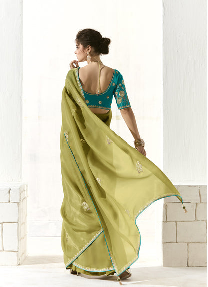 Light Olive Glass Tissue Silk Sequence Party Wear Saree