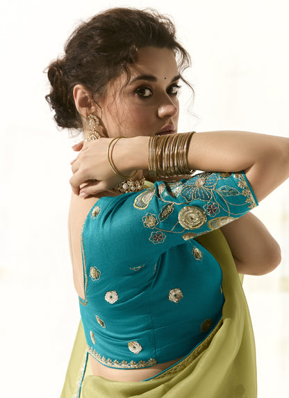 Light Olive Glass Tissue Silk Sequence Party Wear Saree
