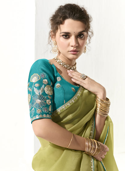 Light Olive Glass Tissue Silk Sequence Party Wear Saree