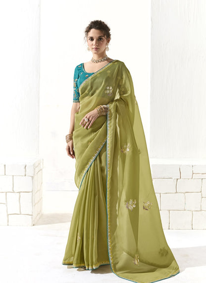 Light Olive Glass Tissue Silk Sequence Party Wear Saree