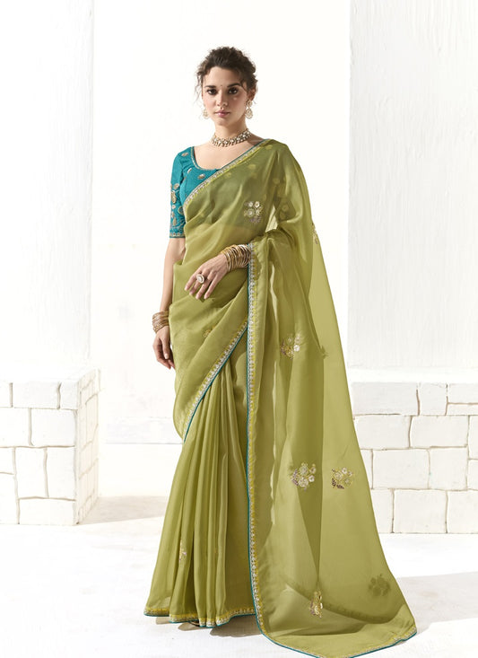Light Olive Glass Tissue Silk Sequence Party Wear Saree