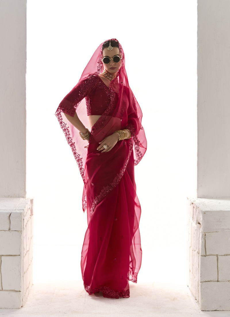 Red Glass Tissue Silk Sequence Party Wear Saree