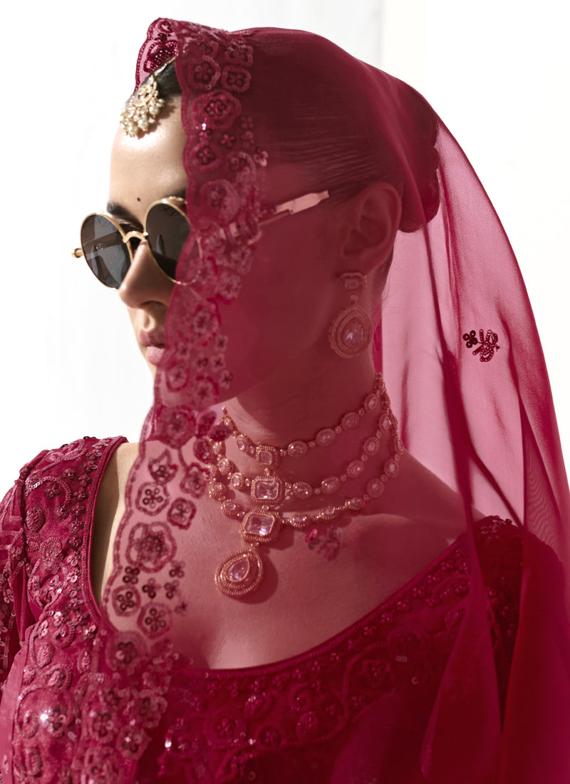 Red Glass Tissue Silk Sequence Party Wear Saree