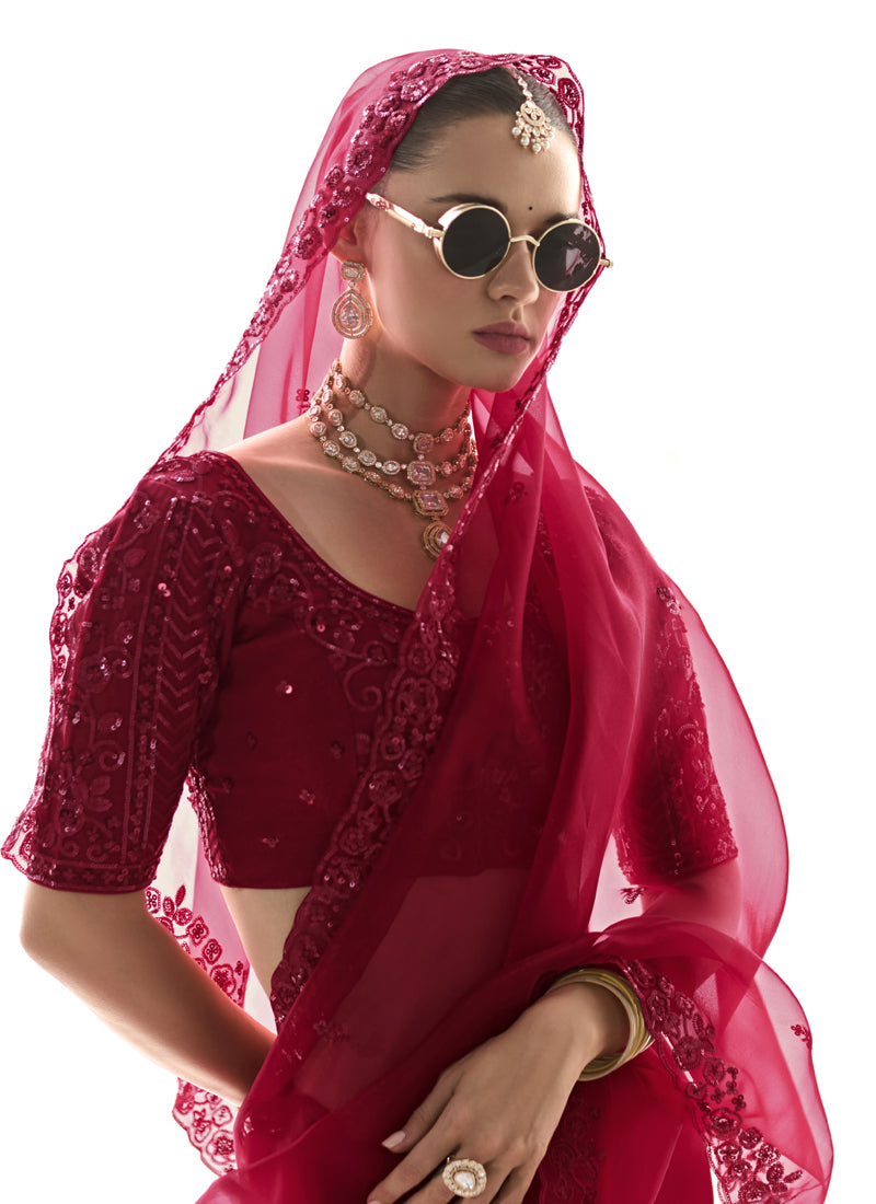 Red Glass Tissue Silk Sequence Party Wear Saree