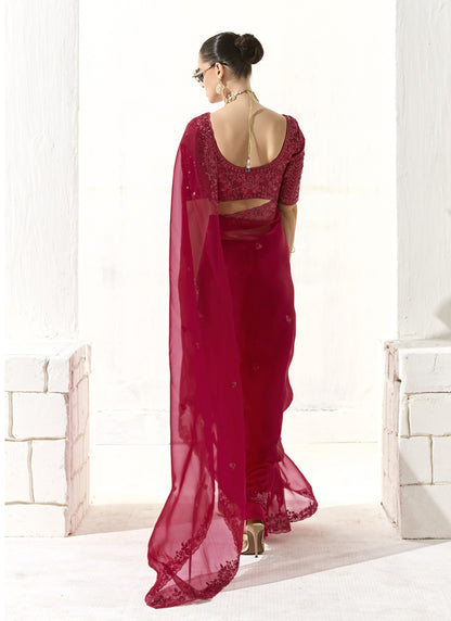 Red Glass Tissue Silk Sequence Party Wear Saree