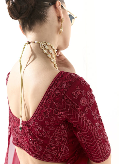 Red Glass Tissue Silk Sequence Party Wear Saree