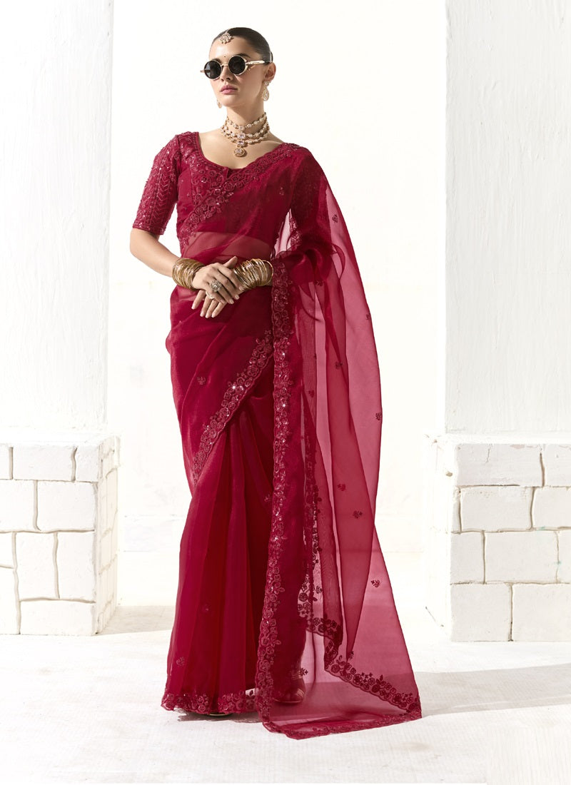Red Glass Tissue Silk Sequence Party Wear Saree