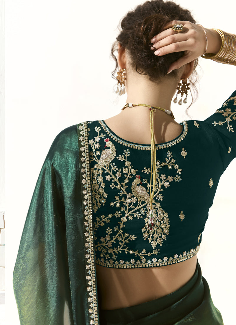 Dark Green Glass Tissue Silk Sequence Party Wear Saree