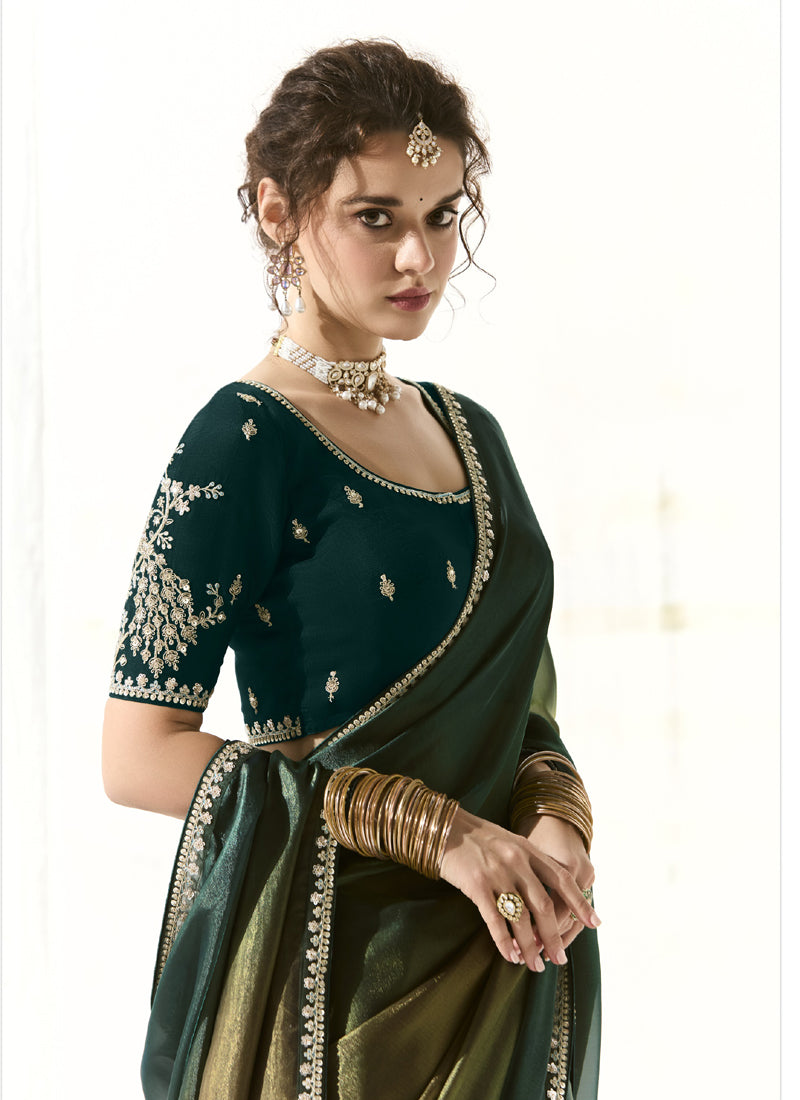 Dark Green Glass Tissue Silk Sequence Party Wear Saree