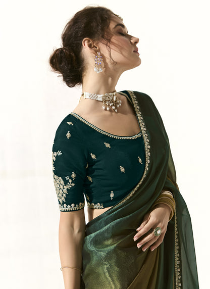 Dark Green Glass Tissue Silk Sequence Party Wear Saree