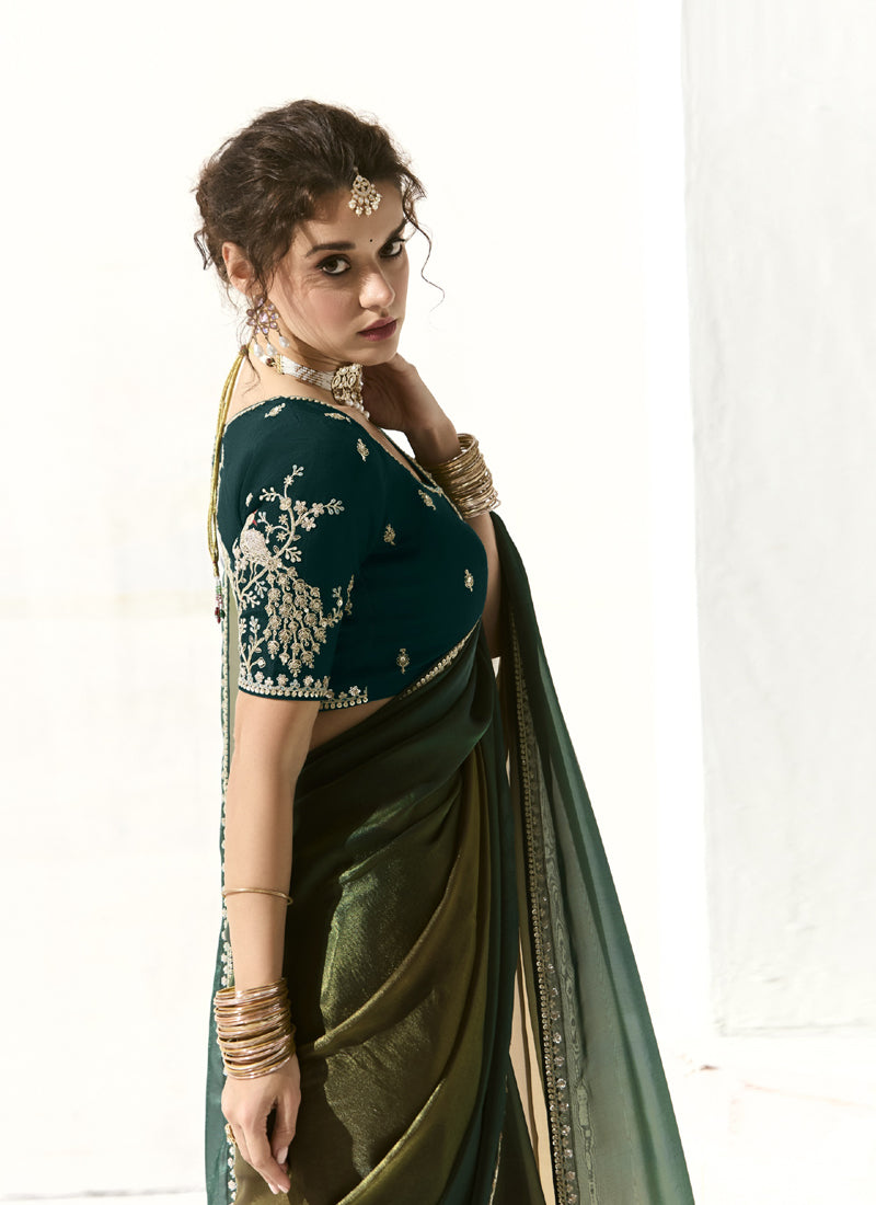 Dark Green Glass Tissue Silk Sequence Party Wear Saree
