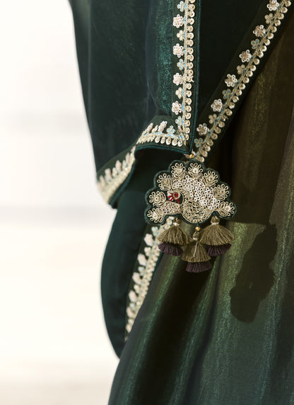 Dark Green Glass Tissue Silk Sequence Party Wear Saree