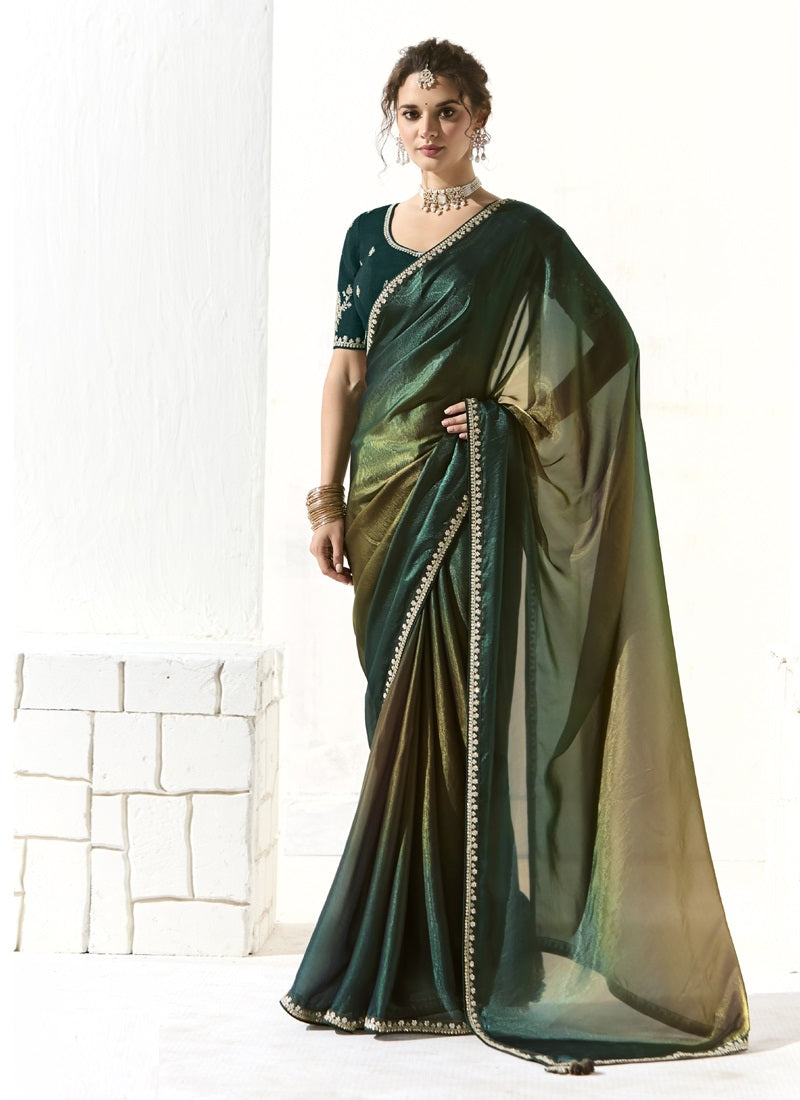 Dark Green Glass Tissue Silk Sequence Party Wear Saree