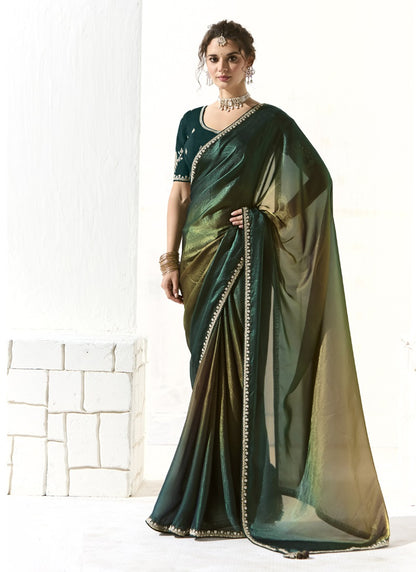 Dark Green Glass Tissue Silk Sequence Party Wear Saree