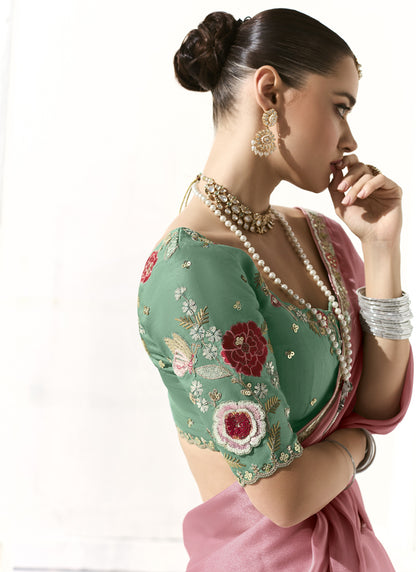 Baby Pink Glass Tissue Silk Sequince Party Wear Saree