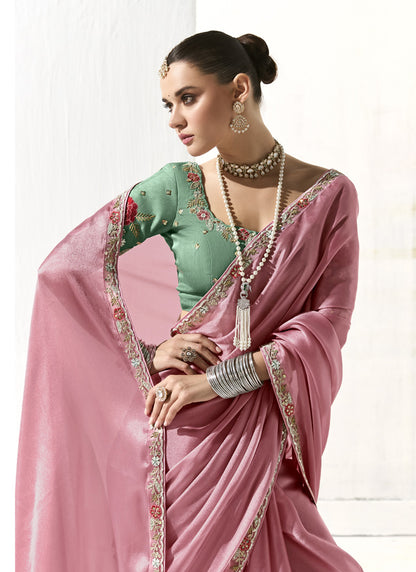 Baby Pink Glass Tissue Silk Sequince Party Wear Saree
