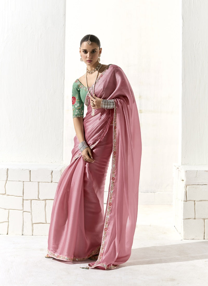 Baby Pink Glass Tissue Silk Sequince Party Wear Saree