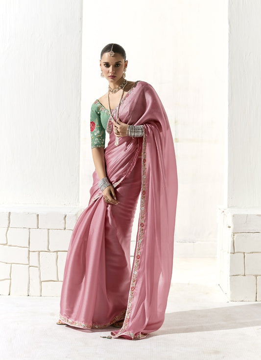 Baby Pink Glass Tissue Silk Sequince Party Wear Saree