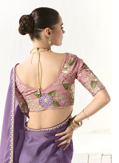 Lavender Glass Tissue Silk Sequence, Zari Weaving Party Wear Saree