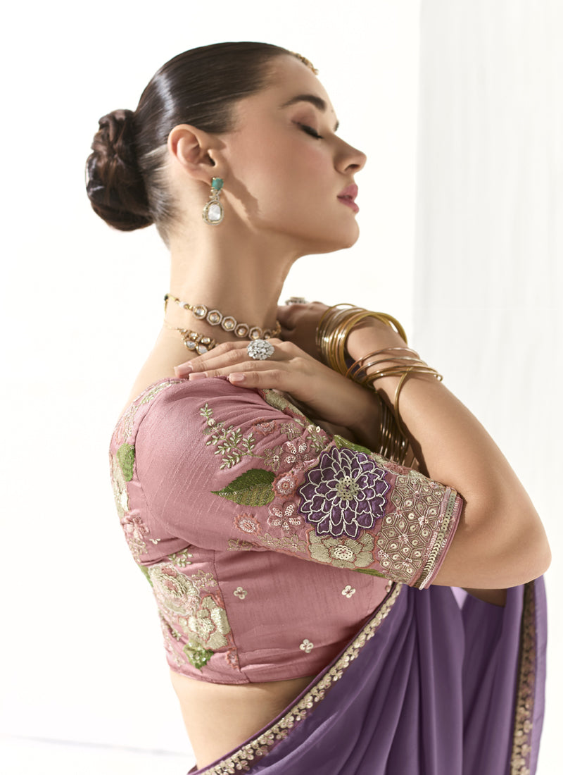 Lavender Glass Tissue Silk Sequence, Zari Weaving Party Wear Saree