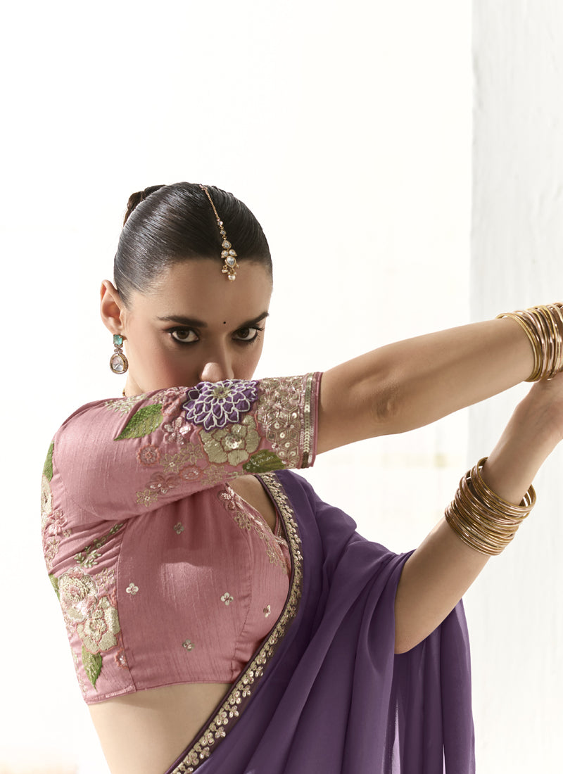 Lavender Glass Tissue Silk Sequence, Zari Weaving Party Wear Saree