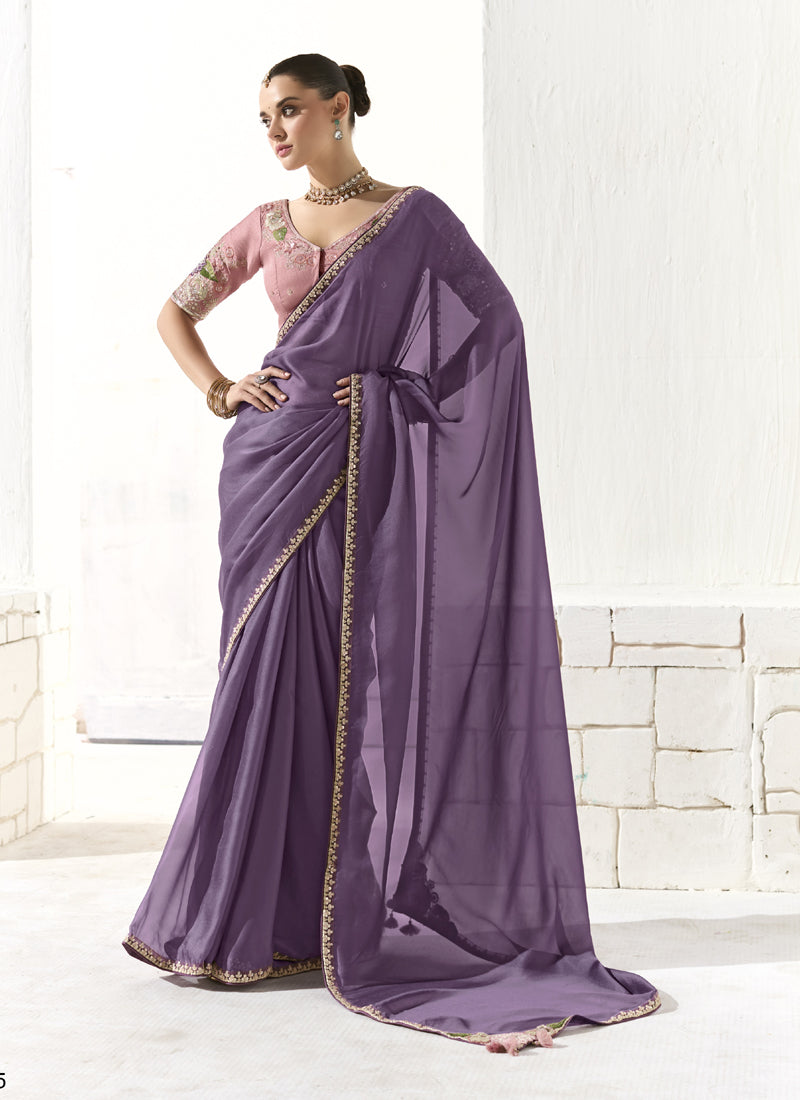 Lavender Glass Tissue Silk Sequence, Zari Weaving Party Wear Saree