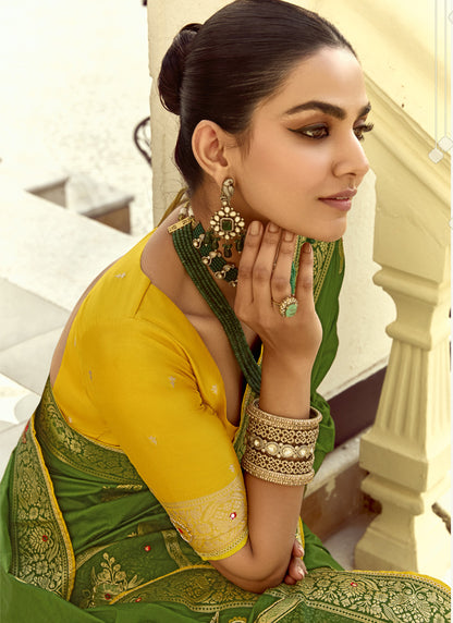 Olive Dola Silk Heavy Zari Weaving Wedding Sarees