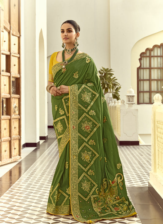 Olive Dola Silk Heavy Zari Weaving Wedding Sarees