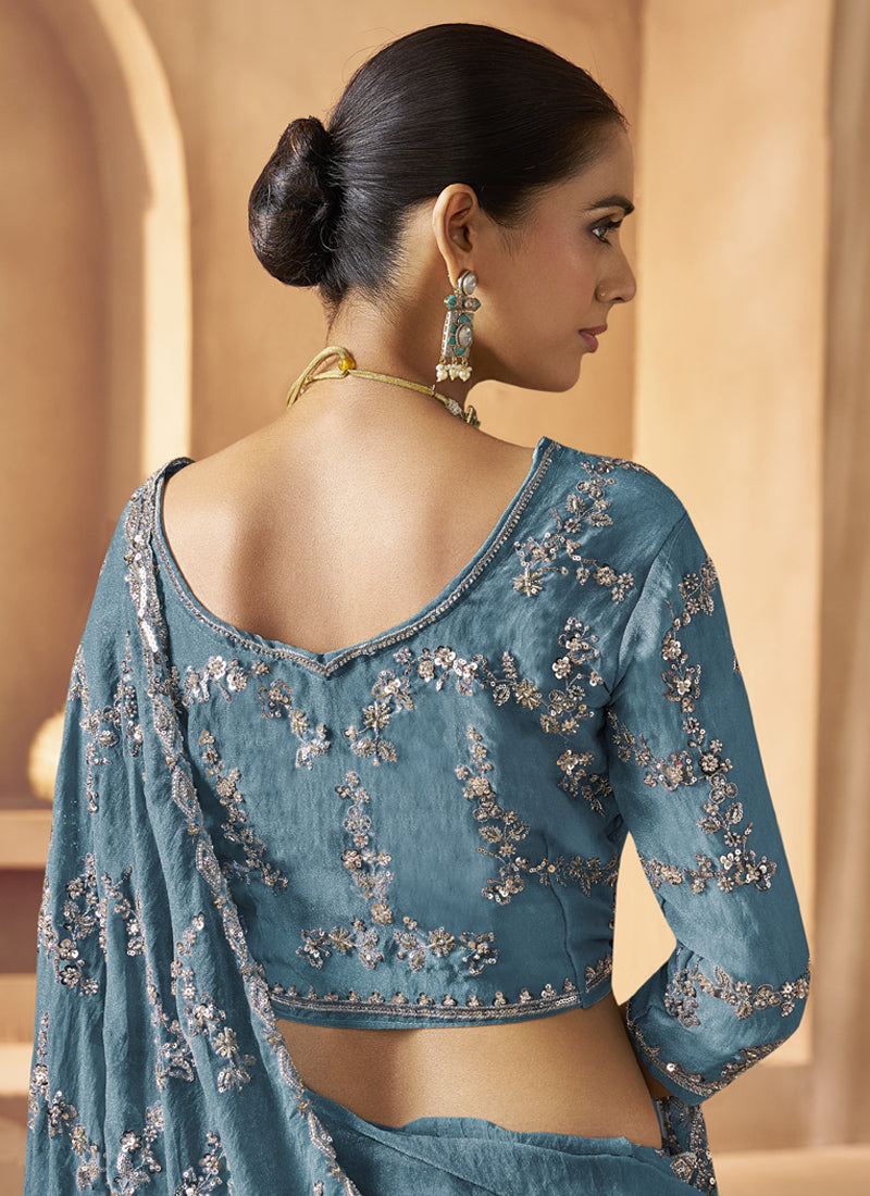 Sky Blue Tissue Silk Designer Blouse Party Wear Saree