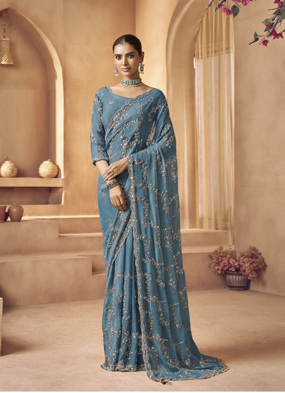 Sky Blue Tissue Silk Designer Blouse Party Wear Saree