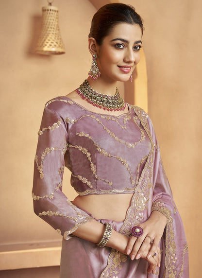 Onion Pink Tissue Silk Designer Blouse Party Wear Saree